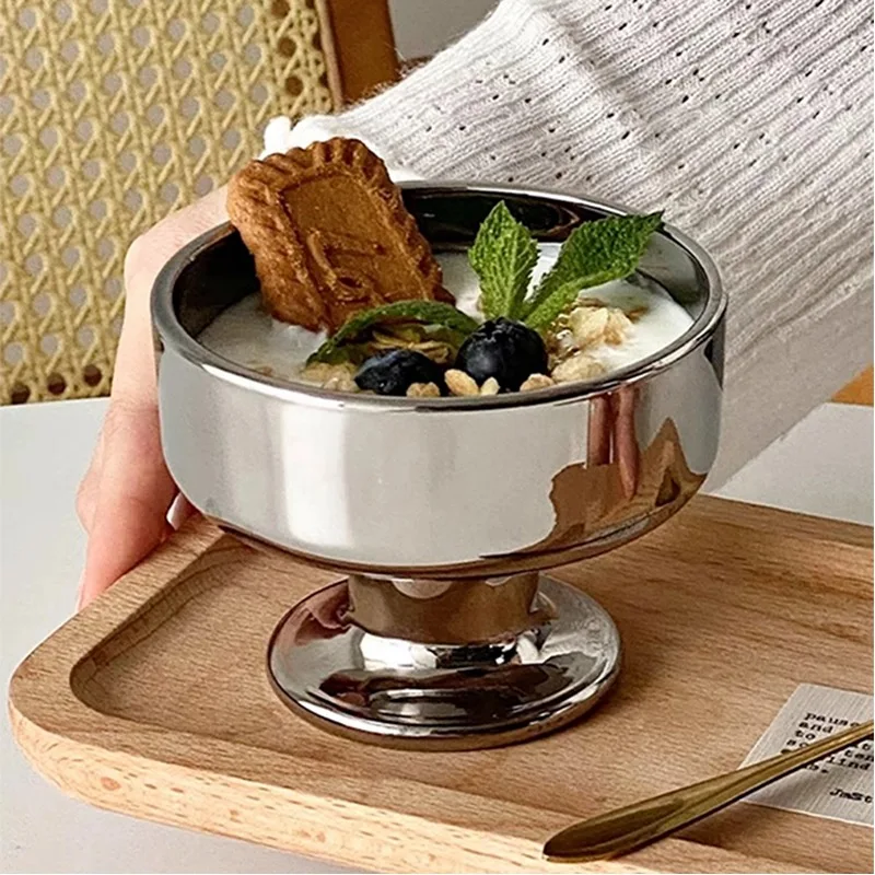 Silver Ice Cream Glasses Cups Short-legged Dessert Cup Laser Silver Glass Water Cup Antique Coffee Cups Beverage Glasses
