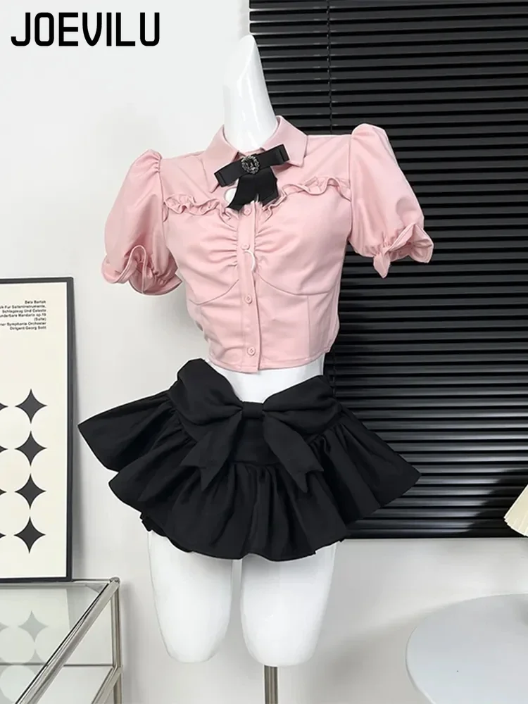 

Летний комплект с юбкой для девочек, розовая Милая рубашка с коротким рукавом и надписью Love, черная пышная мини-юбка с высокой талией, комплекты из двух предметов Y2k, наряды