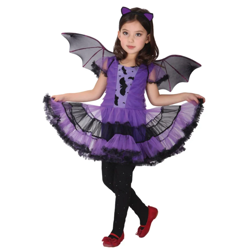 Kids Girls Halloween Dress Outfit Purple Bat Vampire Princess Dress Fancy Cosplay Costume Witch Clothes Wing cosplay costume kids girls dress
