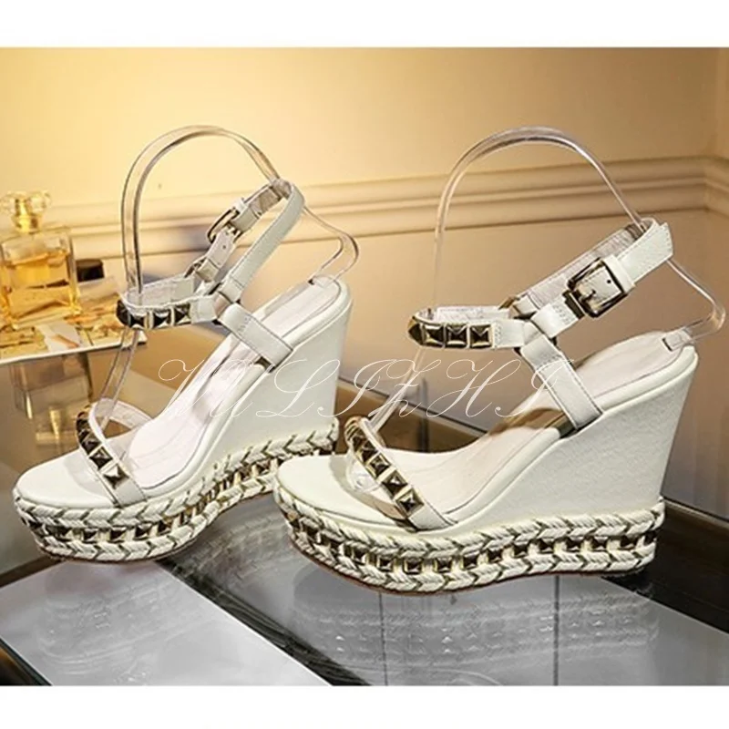 Platform Gold Stud Bead Wedge Leather String Bead Sandals Women Open Round Toe Slingback Buckle Heel Glossy Bordered Casual Shoe