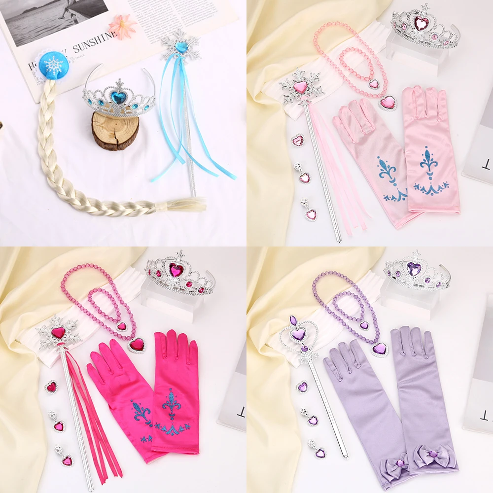 Handmade Kids Princess Wig Braid Cosplay Princess Halloween Party Costumes Accessories Girls Crown Magic stick Children's Gifts