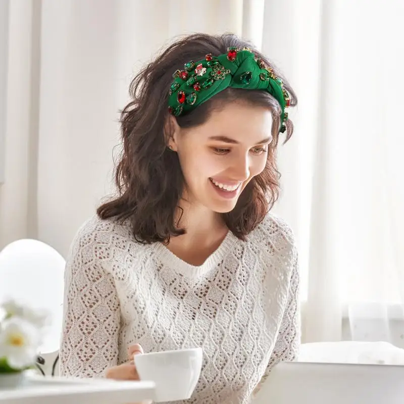 Knot Headband Christmas Beaded Wide Hairband Rhinestone Christmas Headwear Exquisite Top Knot Hairband Festive For Dating