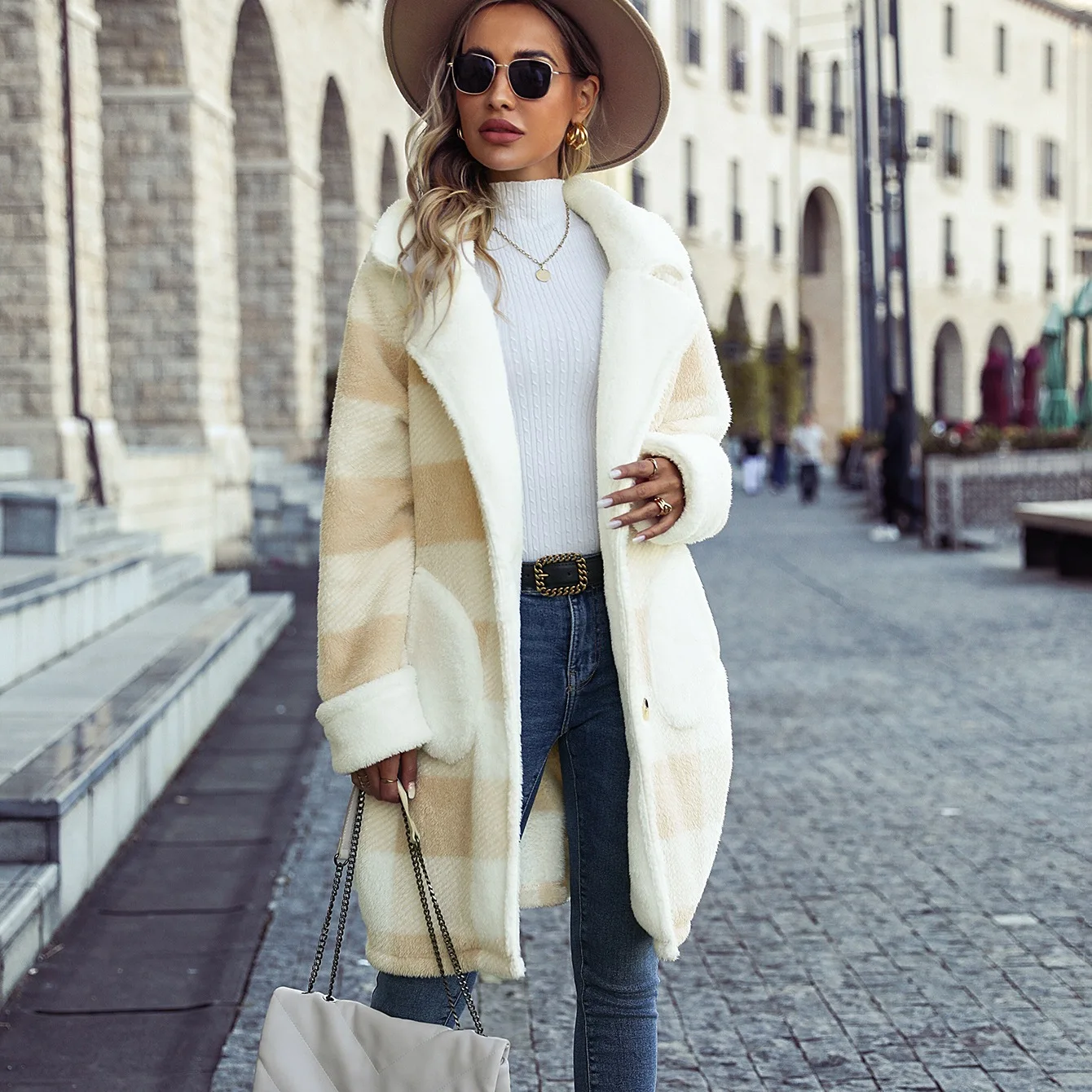 Fashion Winter Women's Suit Collar Long-sleeved Plaid Loose Long Double-sided Fleece Casual  Women Coat