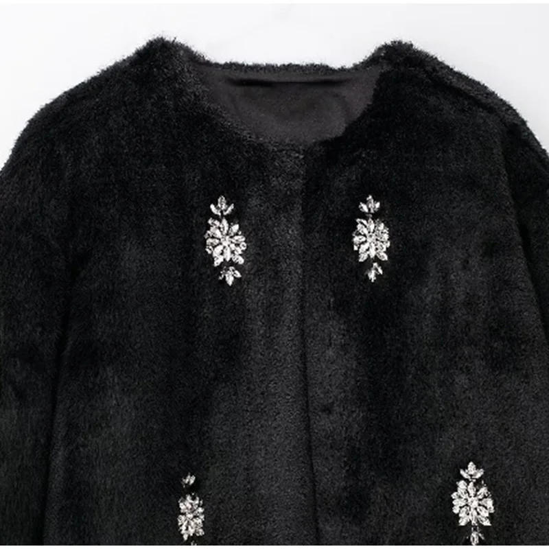 Abrigo de piel con joyería vintage para mujer, chaqueta holgada de manga larga con cuello redondo y felpa negra de invierno, abrigo grueso y cálido elegante para mujer