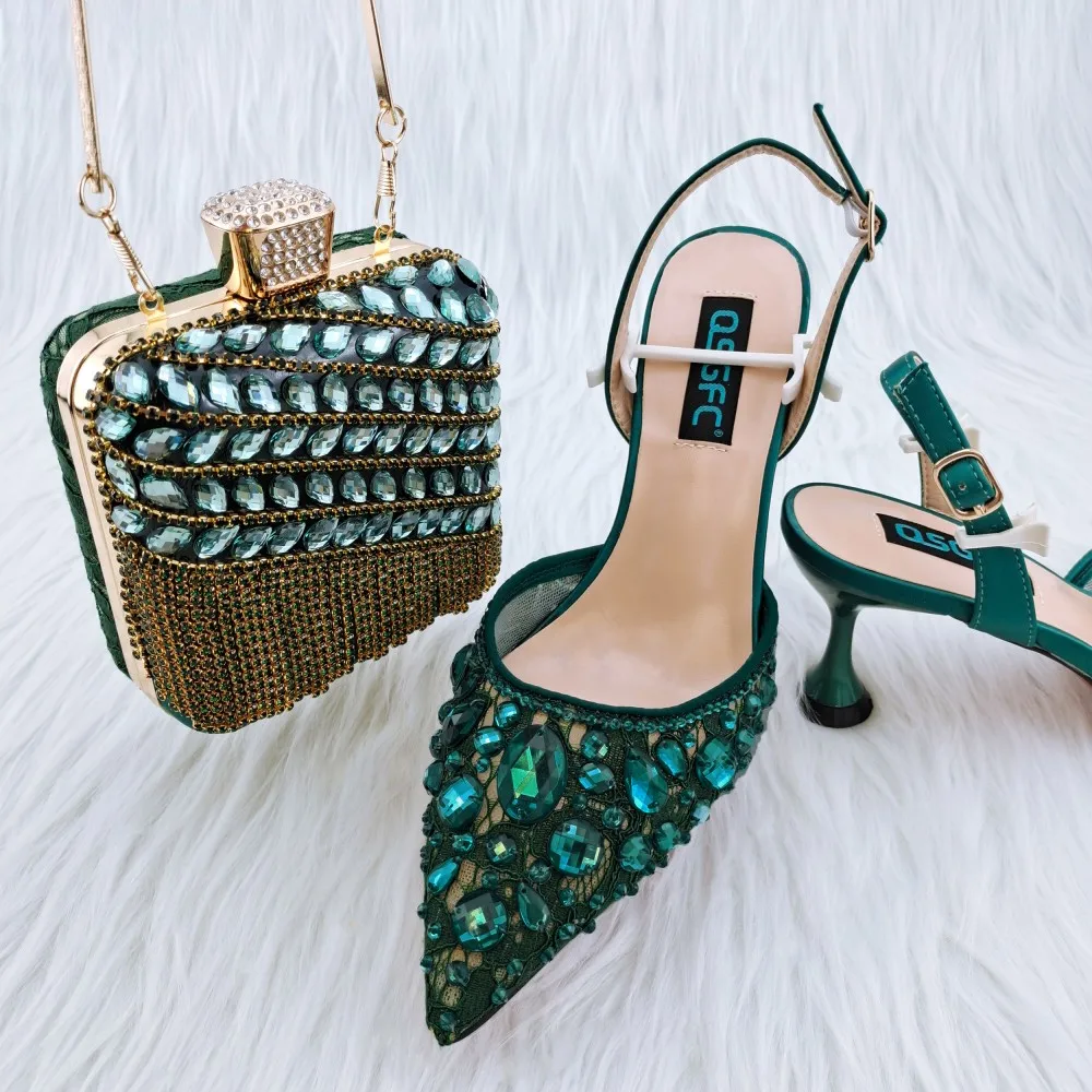 

Green Nigeria Fashion Lace Mini Bag And Mid-Heel Pointed Shoes Pointed Toe Rhinestone Ladies Party Shoes And Bag Newest