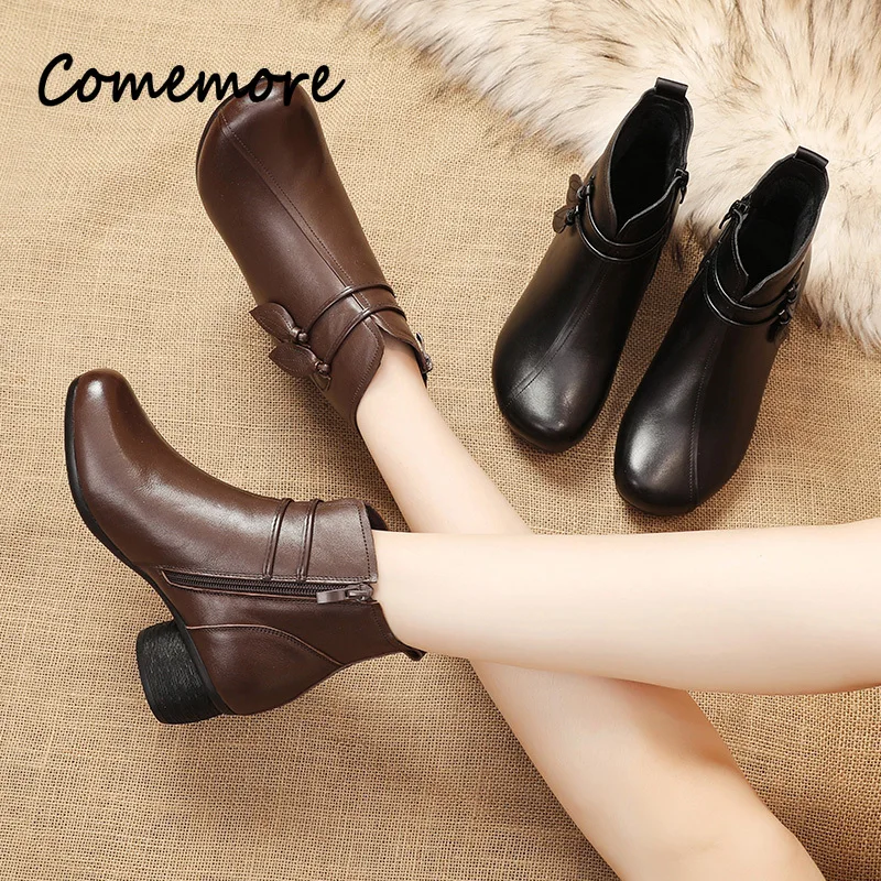 

Comemore Women Warm Shoes Handmade Genuine Leather Zipper Retro Short Boot Female 2023 New Autumn Winter Thick Heel Ankle Boots