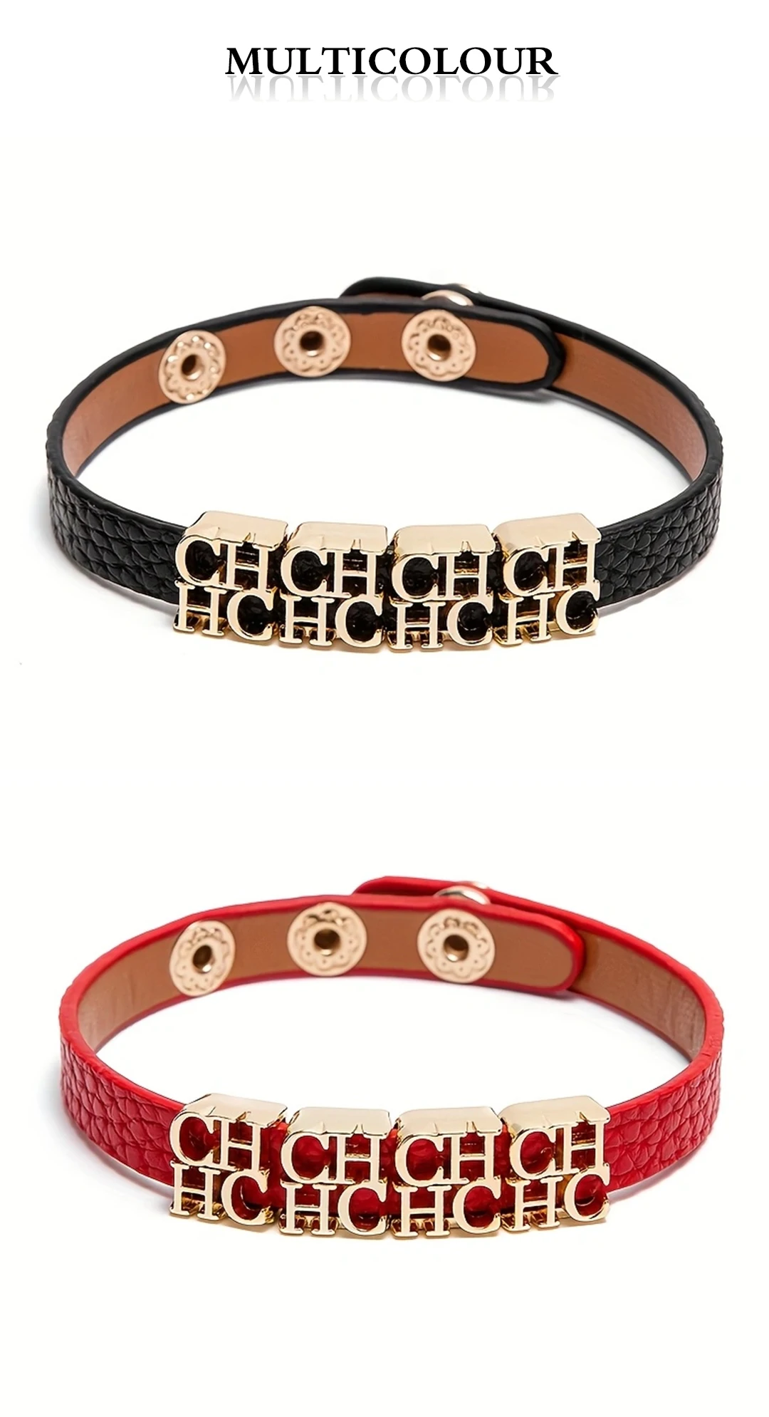 CH Modisches Lederarmband mit Gold-Metall-Buchstabenanhängern Verstellbarer Druckknopf-Verschluss Trendiges Accessoire für Damen – Detail 3