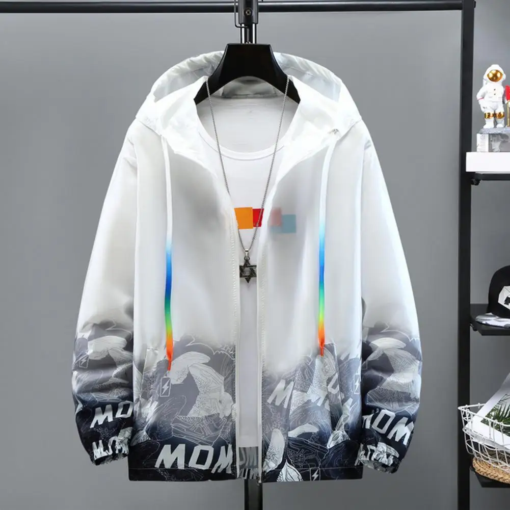 

Men Jacket Sun Protection Hooded Jacket with Pockets Quick Drying Anti-wrinkle Windbreaker for Men Shoes Print Gradient Design