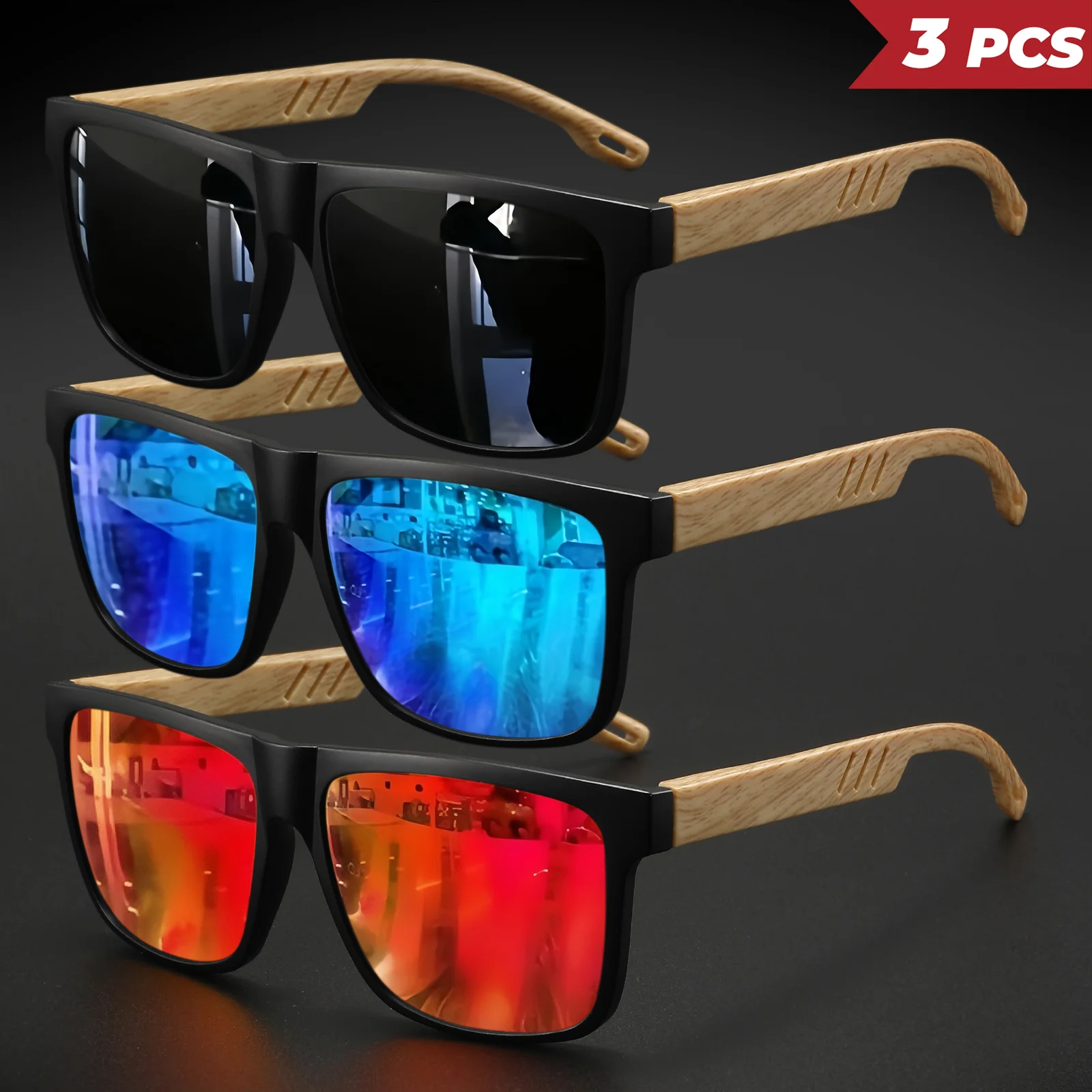 3PCS neue modische quadratische Sonnenbrille – Federscharnier mit Holzmaserung, UV400 Unisex zum Fahren, Wandern und Reisen – Detail 11