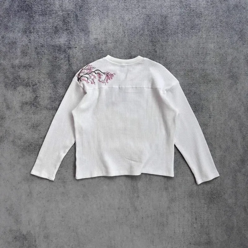 Deeptown Weiße Kirschblüten-Stickerei für Herren und Damen, langärmelig, übergroße Waffel-T-Shirts, Basic, Harajuku, lässige Streetwear