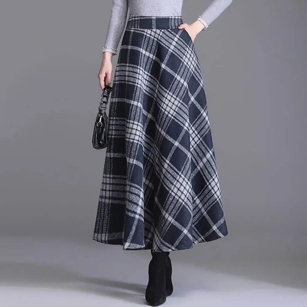 

Fall Winter Women Skirt Color Matching Plaid Print High Elastic Waist A-line Loose Hem Big Swing Thick Retro Warm Soft Ankle Len