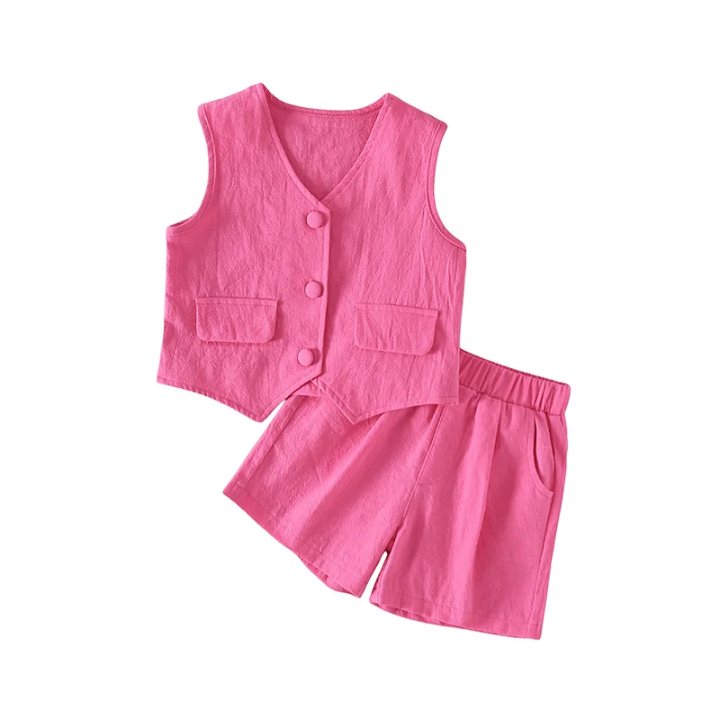 FOCUSNORM Fashion Little Girl Summer Clothes Sets Solid Sleeveless Single Breasted V-Neck Tank Tops + Elastic Waist Shorts