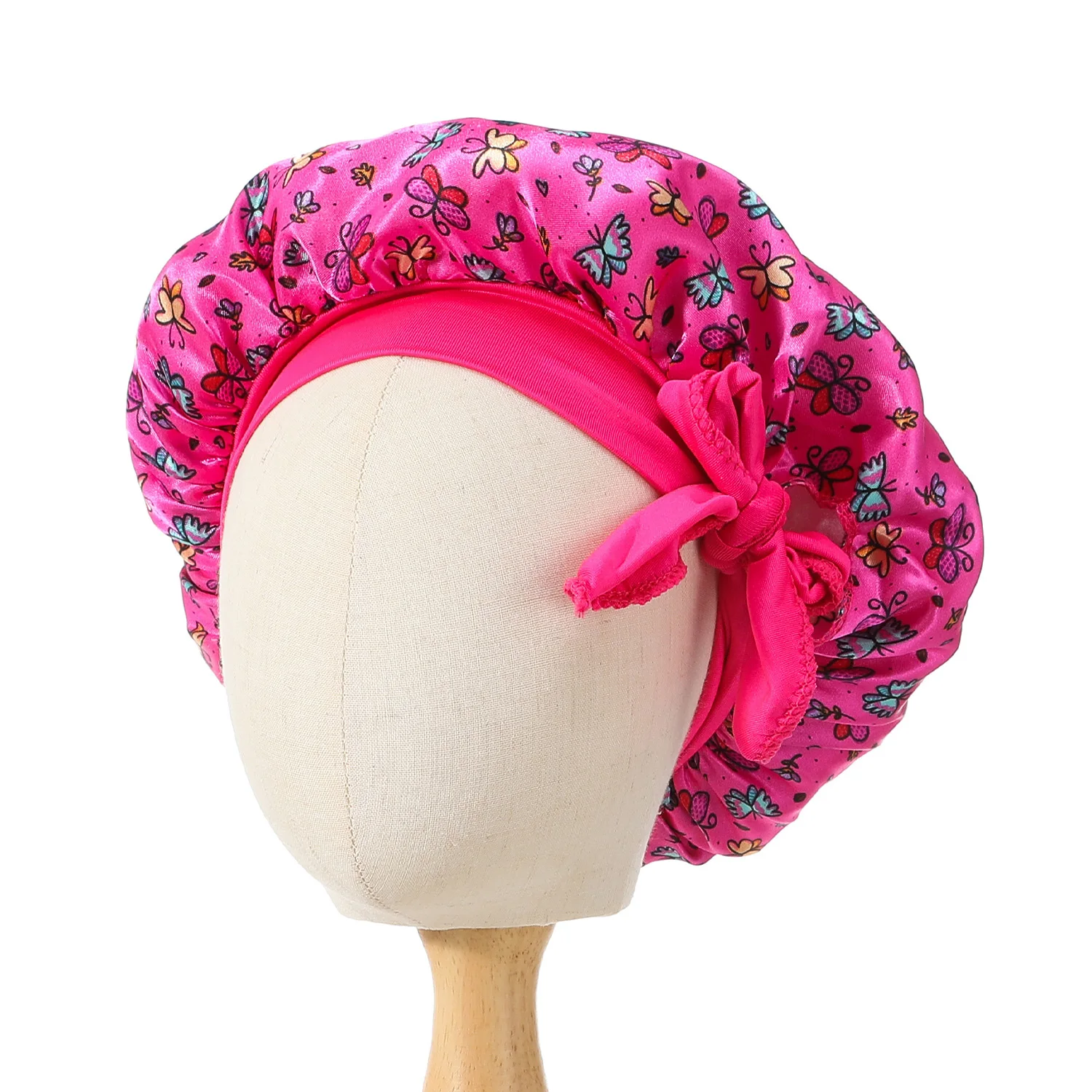Kids Satin Bonnet Sleep Hat Silk Shower Cap for Child Hair Beanie at Night Boy Girls Flower Printed Silk Sleep Cap with Band Bow