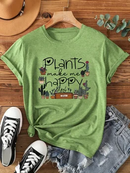 Plants Make Me Happy Women's Tee - Cute Plant Lover Graphic, Casual Green Top 1
