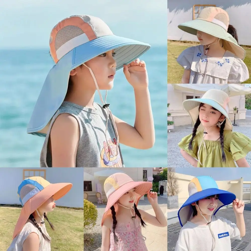 New Neck Flap Sun Hat Polyester UV Protection Wide Brim Beach Hats with Strap Breathable Bucket Hat for Boys Girls Sun Hats