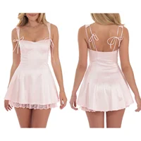 Combhasaki Women's Summer Bow Tied Sleeveless Square Neck Backless Floral Lace Patchwork Hem Party Short Mini A-Line Tank Dress