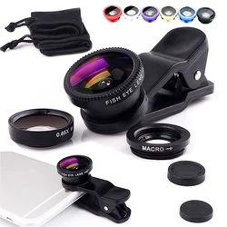 3in1 Fisheye Wide Angle Micro Camera Lens for iPhone Xiaomi Redmi 3IN1 Zoom Fish Eye Len on Smartphone Lenses with Phone Clip