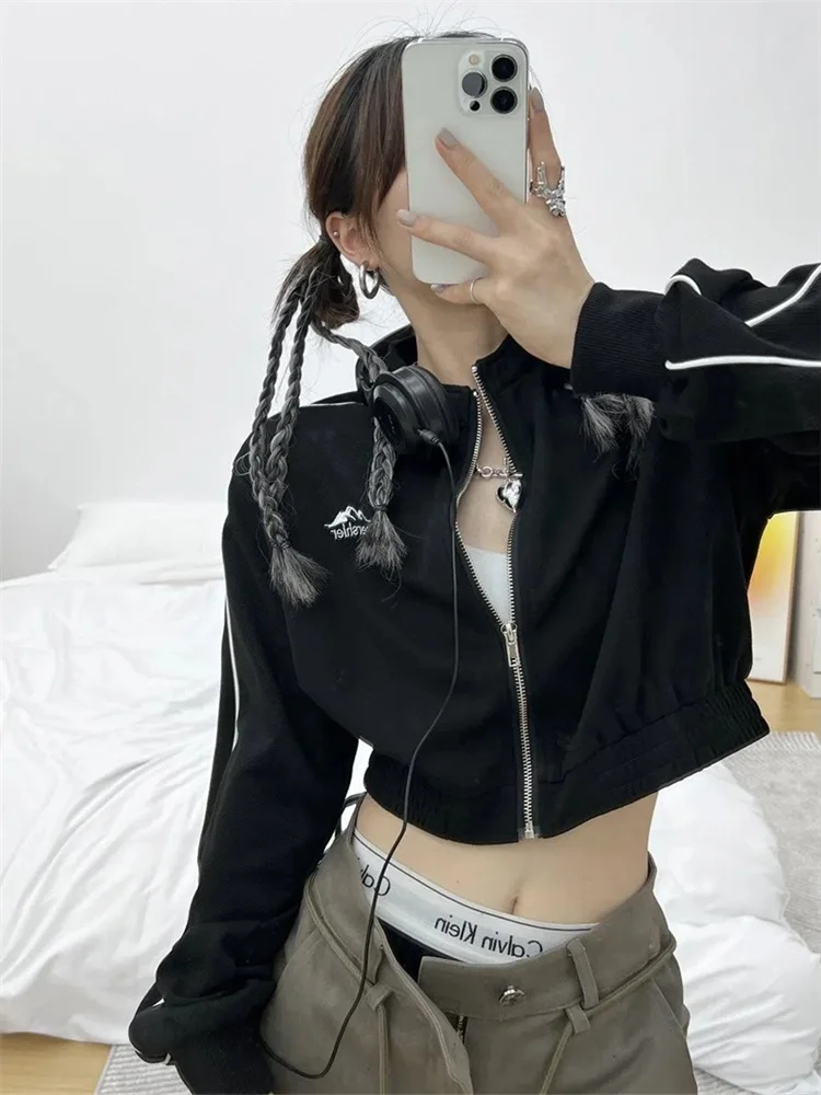 

QWEEK Y2K Vintage Zip Up Cropped Hoodie Women Korean Fashion Striped Black Jackets Female Kpop Egirl Harajuku Sweatshirt Sping