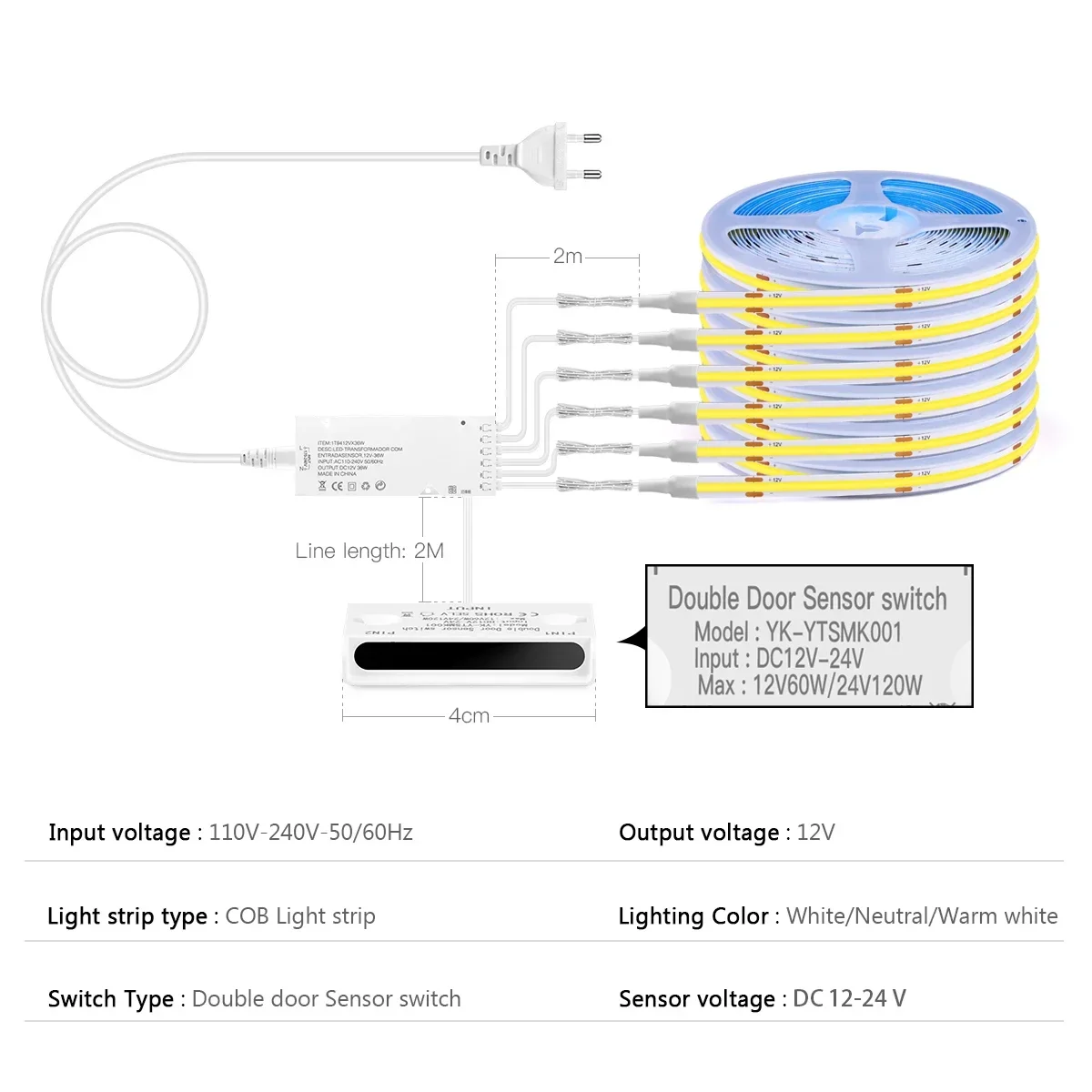 220V EU Smart Door Open Sensor Switch COB LED Strip Light Tape Integrated Lighting for Showcase Cabinet Closet Cupboard Wardrobe