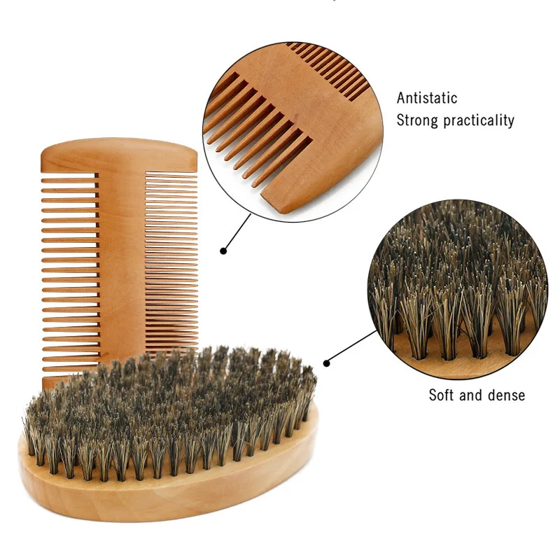 Men's Shaving Brush Set Boar Bristle Portable Barber Natural Beard Brush Comb Scissors for Facial Cleaning Styling Tool 4