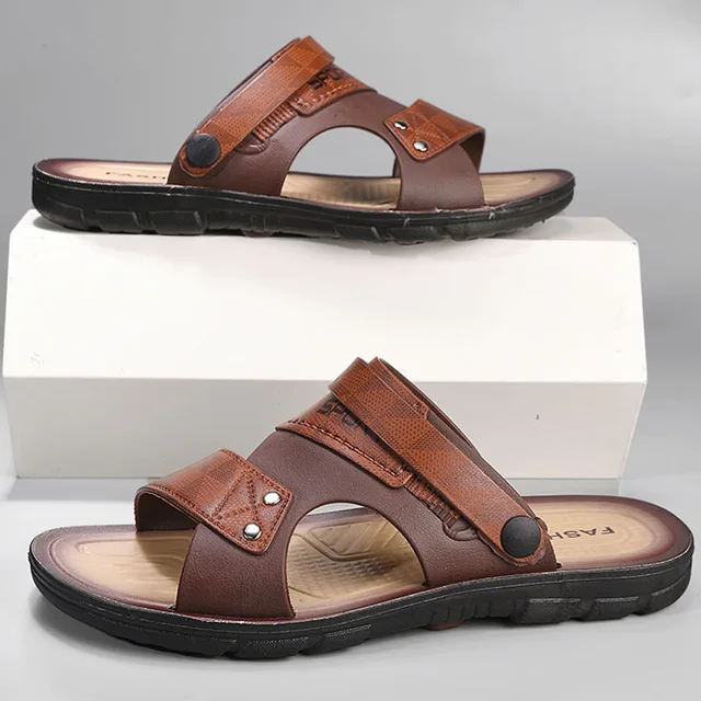 Sandales décontractées à la mode pour hommes, sandales d'été à enfiler, chaussures de plage classiques pour hommes, sandales d'extérieur en cuir, pantoufles pour hommes 1