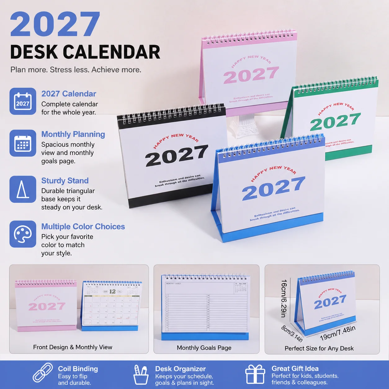 2027년 고급스러운 새해 책상 달력, 접이식 코일 스탠드, 월간 목표 페이지 포함, 이상적인 휴일 카운트다운 데스크탑 장식