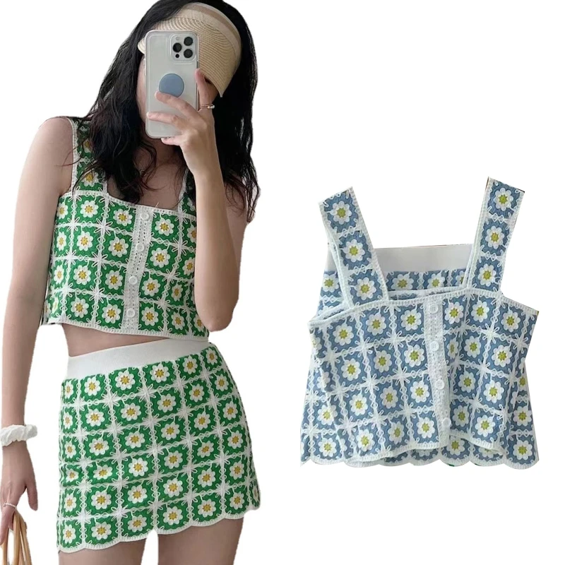 

Ethnic Crochet Floral Cami Two Piece Set Women Summer Boho Tops Young Girl 10CF