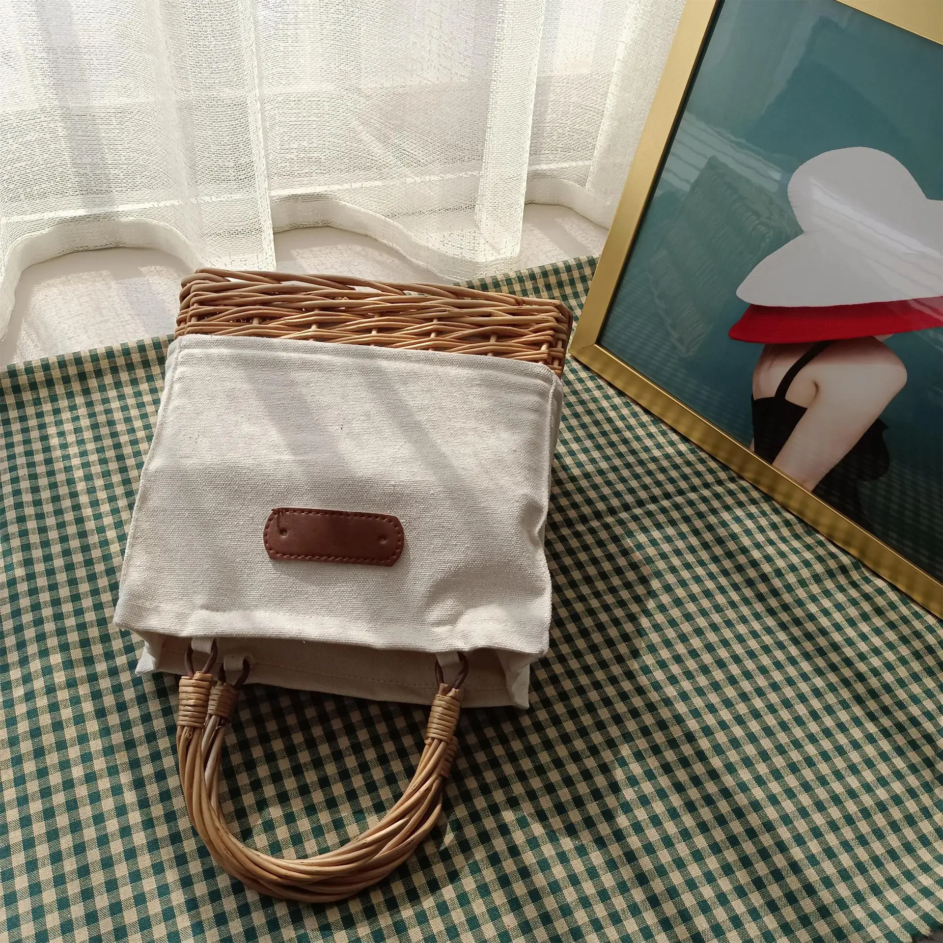 Handmade straw bag canvas splicing shoulder bag Woven Crossbody rattan bag portable holiday handbag bucket bag female summer