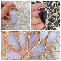 Vintage Gold Plated Natural Opal Black Obsidian Arrowhead Pendant Crystal Hand Knocked Craft Charm Woman Jewelry Making Necklace 1