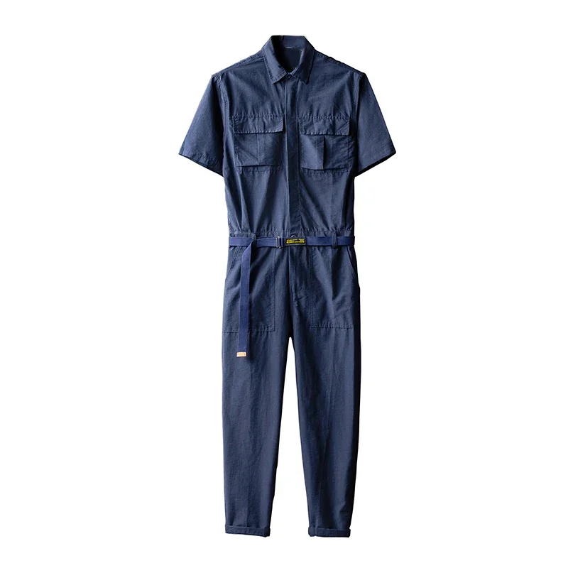 Men and Women's Vintage Short Sleeve Jumpsuit, Couple Thin Summer Clothing Set, American Fashion Brand, Casual, Navy Blue