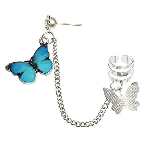 Fashion Geometric Butterfly Clip Earring for Teens Women Ear Cuffs Cool Jewelry Retro Chain Long Hanging Earings Metal Gift