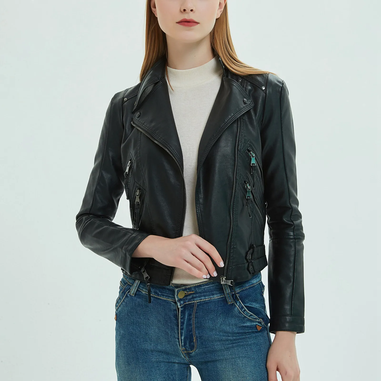 

Pu Leather Jacket Women Rider Moto Biker Zipper Jacket Autumn Clothes Women's Leather Jackets Coat Black Long Sleeve Y2K Jacket