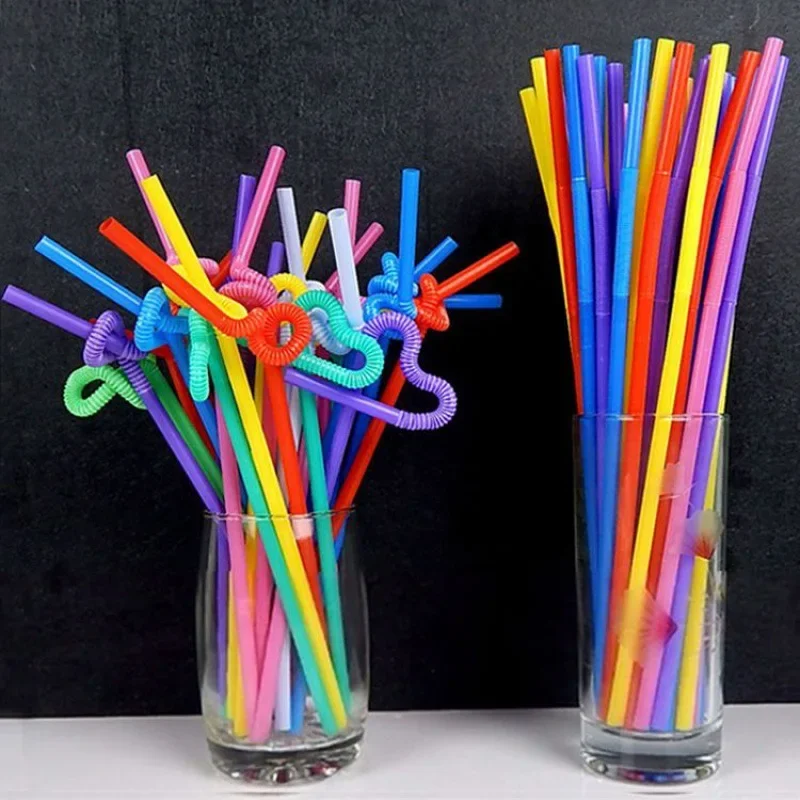 100Pcs Drinking Plastic Straws Colorful Art Long Flexible Wedding Party Supplies Plastic Drinking Straws Kitchen Accessories