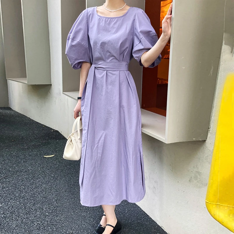

Johnature 2023 New Korean Round Neck Three-dimensional Balloon Sleeves Cinched Waist Dresses Summer Simple Slits Bandage Dresses