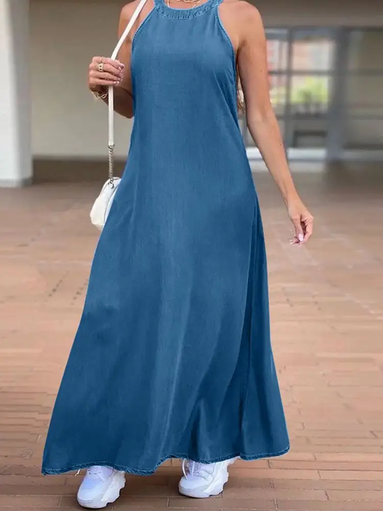 ZANZEA Sexy Denim Sundress Sleeveless Casual Long Dress Women 2023 Summer  Maxi Dress Fashion Halter Oversize Holiday Swing Robe - AliExpress