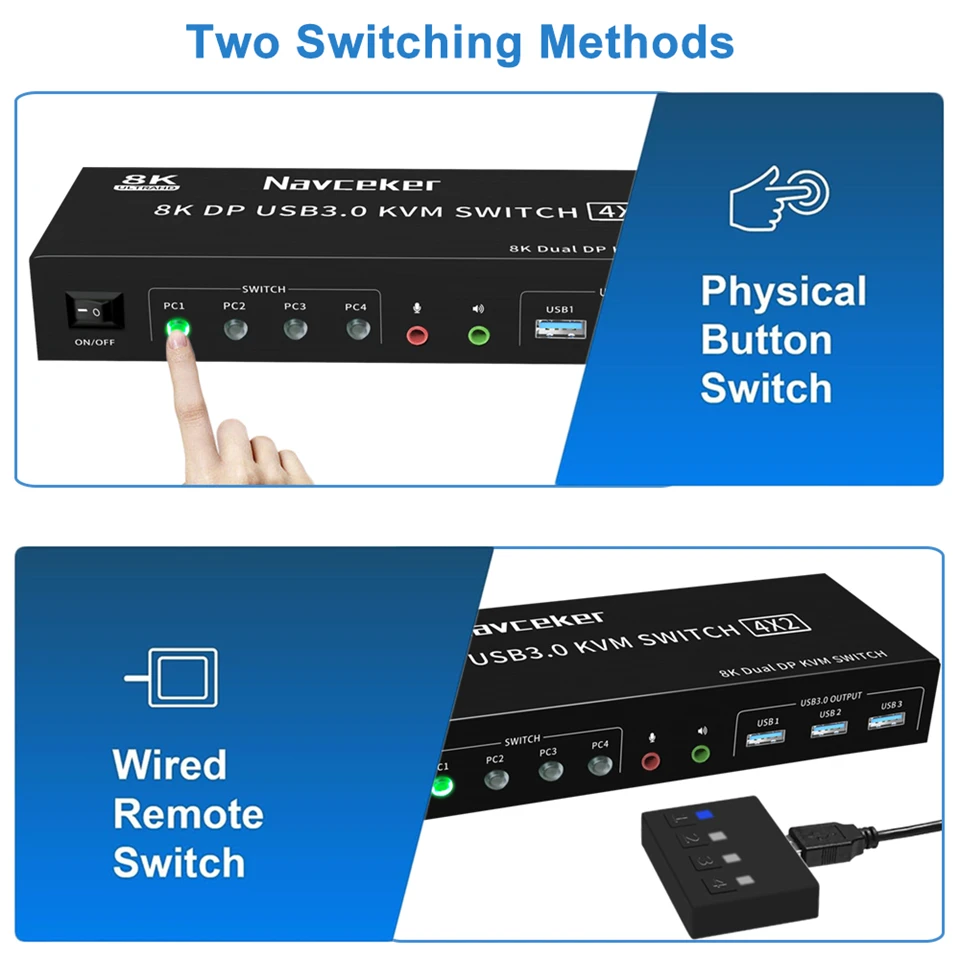 8K DP KVM USB 3.0 스위치, 듀얼 모니터, 확장 디스플레이 포트 스위치, 4 PC 공유 키보드 마우스용, 4 in 2 out, 4K 144Hz