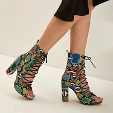 

Snakeskin Lace-up Women Chunky Boots Sexy Fashion Super Large Size Pumps Free Shipping
