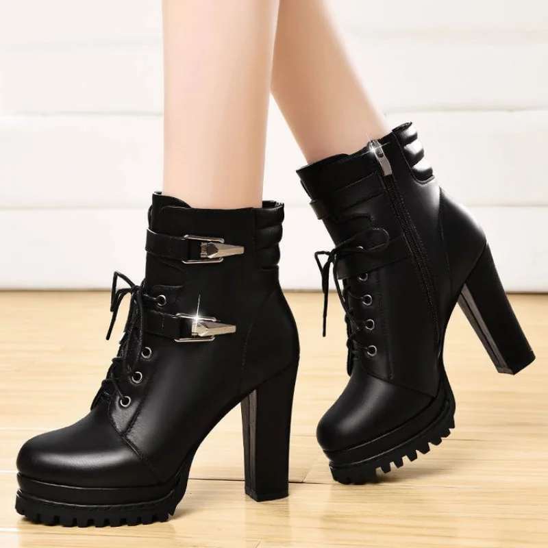 Fashion Motorcycle Leather Boots Women High Heel Zipper Short Boots Casual Thick-Soled Cross-Strap Black Ankle Boots New