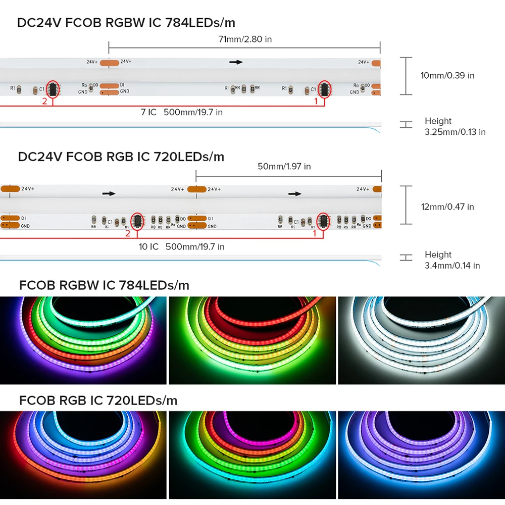 Bande lumineuse LED FCOB éventuelles I RGBW IC, WS2814, adressable, 784 diodes, 10mm, DC 24V, SK6812, RA90, IP30