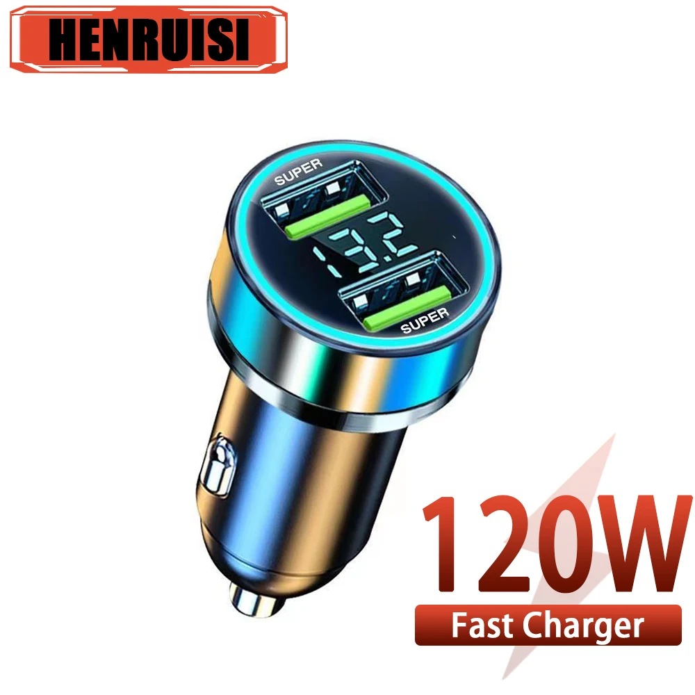 

120W Car Chargers USB 2 Ports Portable Fast Charging Adapter With Digital Display Heat Resistance For iphone14 13 Samsung Huawei