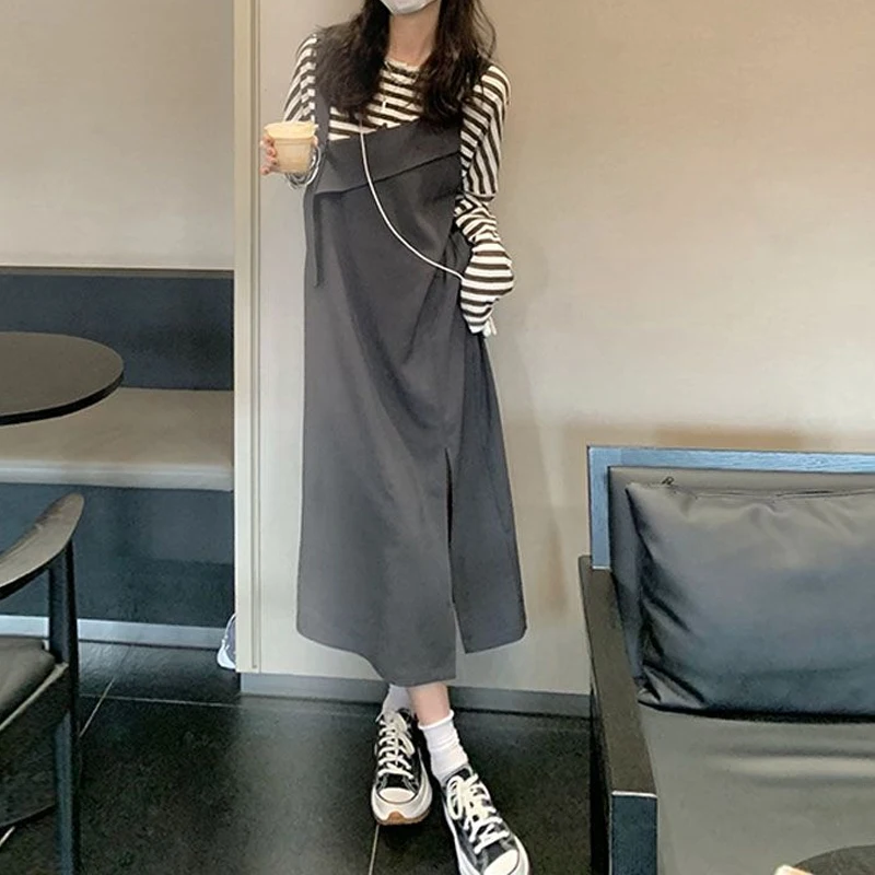Spring Autumn New Fashion Dress Set Round Neck Striped Long Sleeve T-Shirts and Button Sling Loose Y2K All-match Ladies Dresses