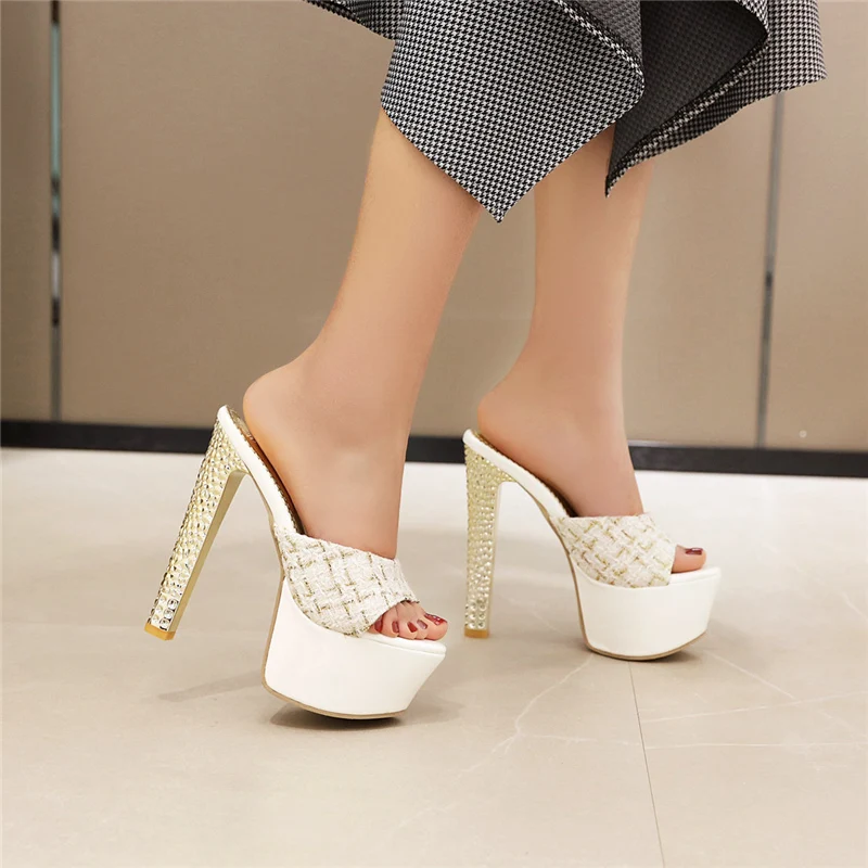 Sexy Summer Mules Shoes Woman Slippers 15cm Extreme High Heels Lady Slides Luxury Stiletto Heeled Platform Sandals Large Size 45