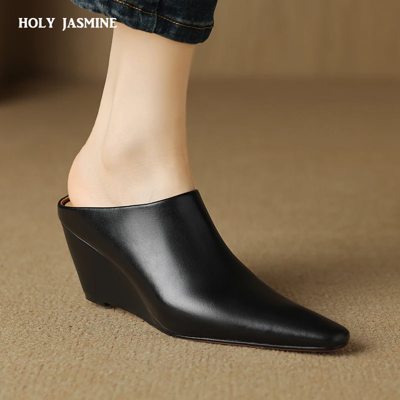 

Brand New Ladies Genuine Leather Mules Fashion Med Chunky Heels Summer Wedges Slippers Women 2024 Casual Office Shoes Woman