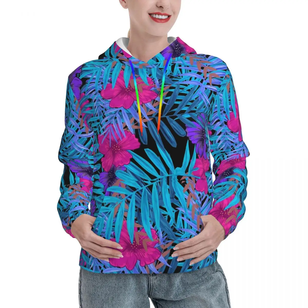 

Повседневные худи с Тропическими Цветами, гавайский принт, рубашка с капюшоном в стиле Харадзюку, зимняя корейская мода с длинным рукавом, пуловер оверсайз, толстовка