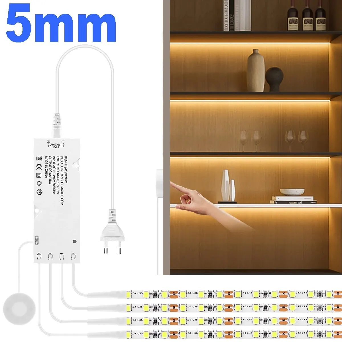 Dimming LED Cabinet Light 2835 Strip Kitchen Shelf dispensa vetrina camera da letto armadio retroilluminazione lampada interruttore sensore di movimento tattile a mano