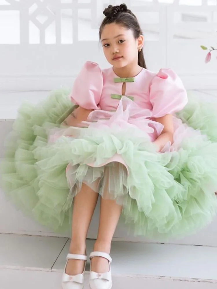 

Princess Girls Bow Ball Gown Party Tutu Dresses Baby Kids Flower Girl Wedding Birthday Party puff sleeve Children Clothing