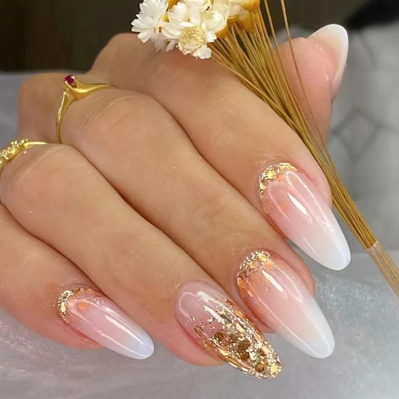 Amandel 24 Stuks Eenvoudige Na Set Gradiënt Glanzend Poeder Valse Na Wearable Ronde Volledige Cover Nail Tips Afgewerkt Druk o il_voghion.com