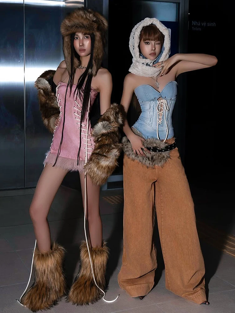 Nibber Peach Hip Hottie Shirring Strapless Dress Women Feather Patchwork Sexy Sweet Valentine's Day Skinny Clubwear Mini Bodycon