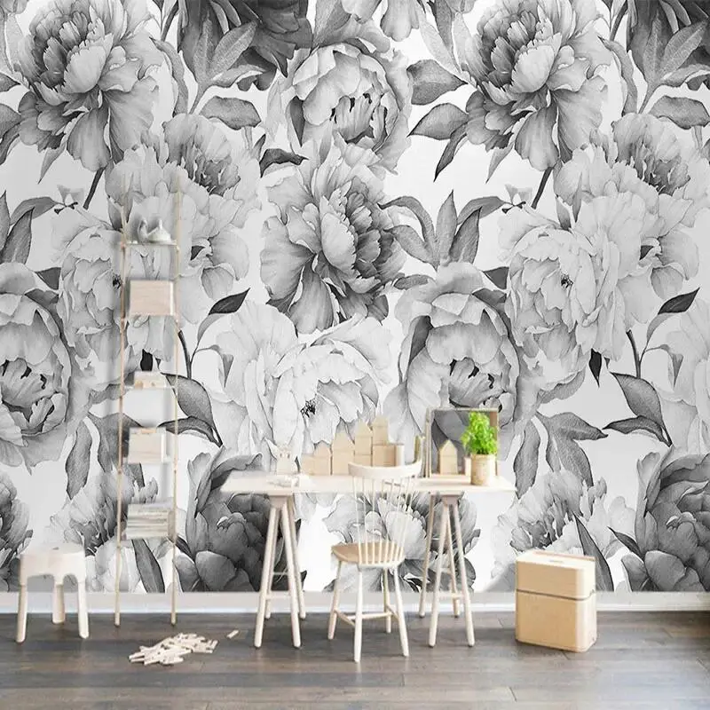 

Custom Mural Wallpaper 3D Black And White Peony Wall Painting Living Room TV Background Wall Decor European Style Wall Paper 3 D