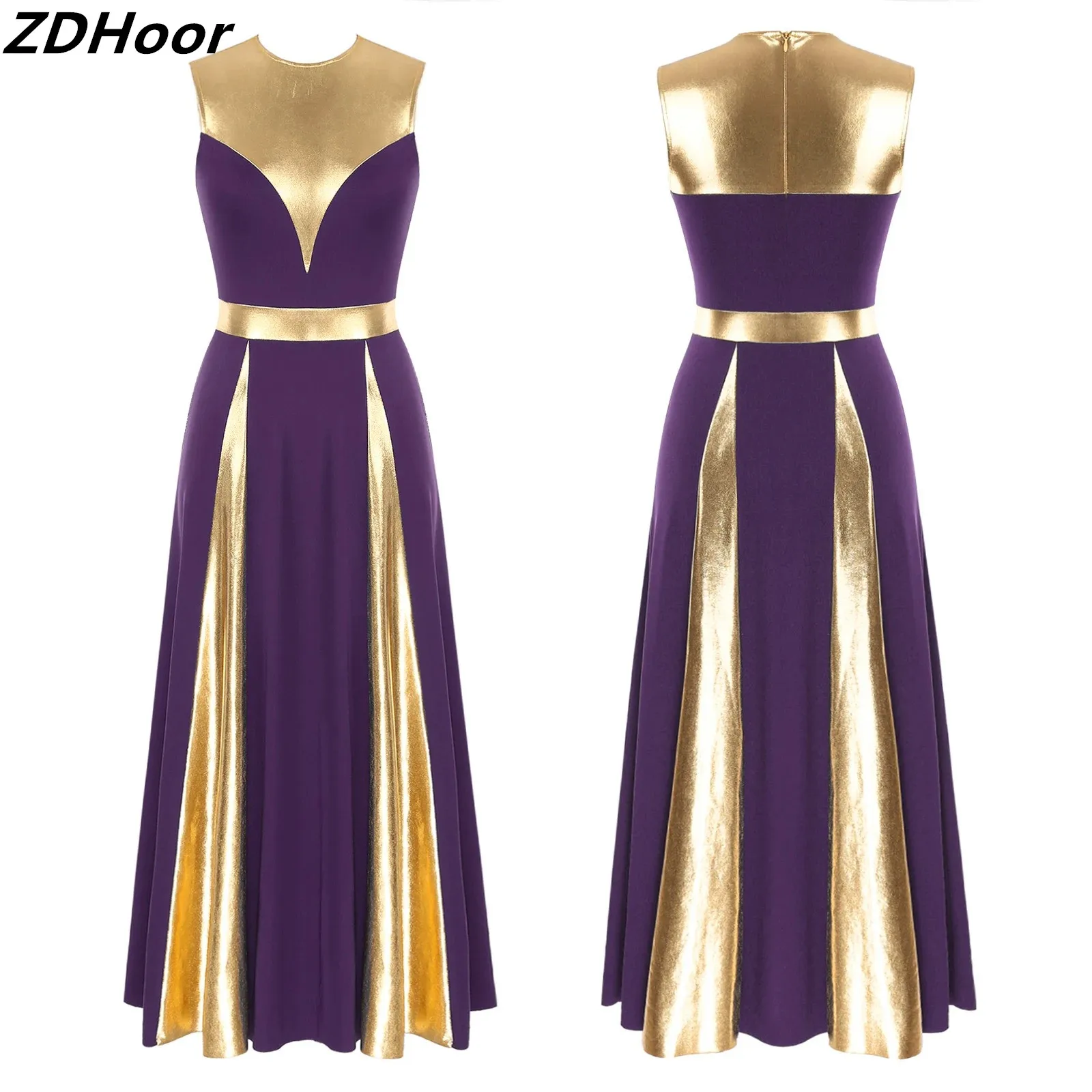 

Women Praise Dance Dress Color Block Patchwork Invisible Zipper Back Round Neck Dresses Church Worship Stage Performance Costume